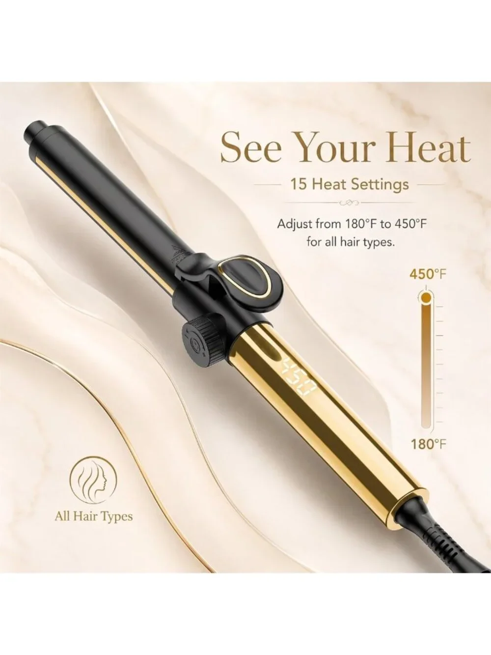 1-Inch Ceramic Curling Iron Wand, Fast Heating, Digital Temp Control, Auto Shut